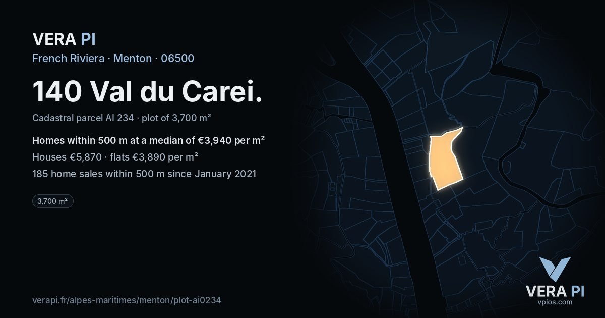140 Val du Carei, Menton at night – the plot lit, the parcels around coloured by the prices near them