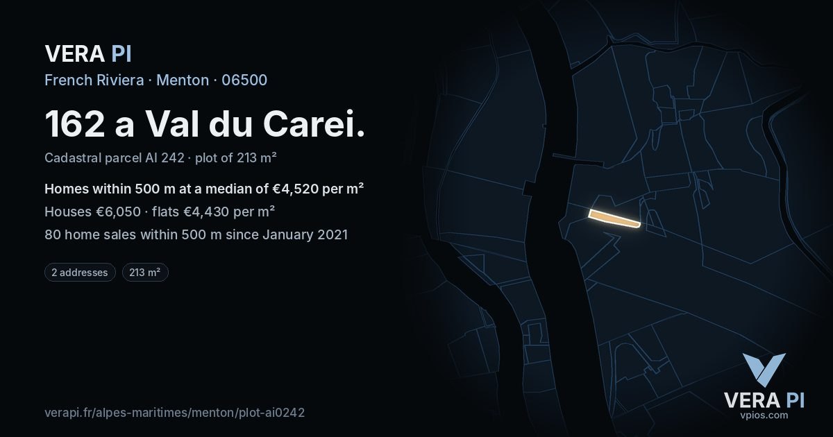 162 a Val du Carei, Menton at night – the plot lit, the parcels around coloured by the prices near them