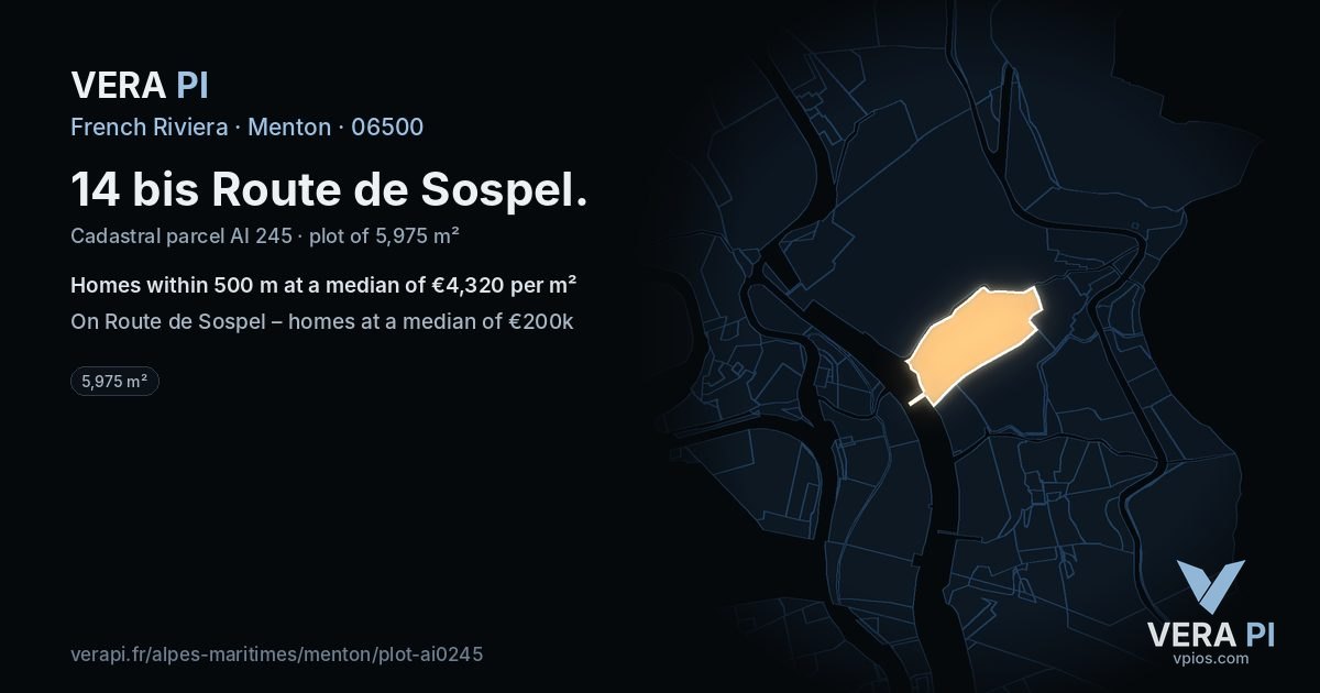 14 bis Route de Sospel, Menton at night – the plot lit, the parcels around coloured by the prices near them