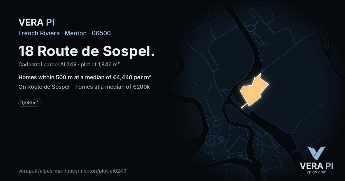 18 Route de Sospel, Menton at night – the plot lit, the parcels around coloured by the prices near them