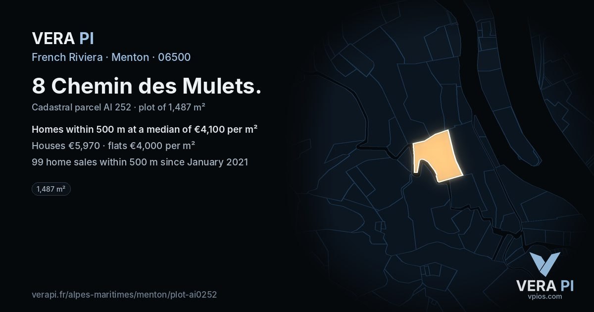 8 Chemin des Mulets, Menton at night – the plot lit, the parcels around coloured by the prices near them