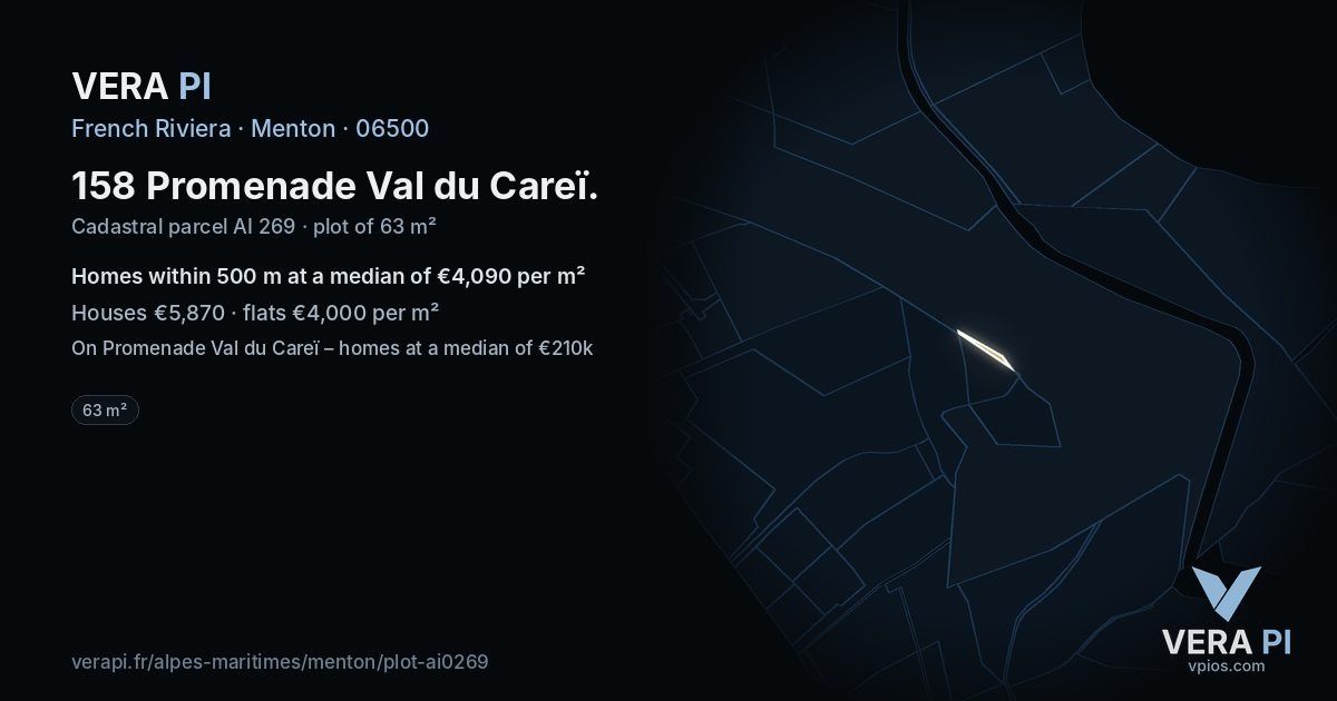 158 Promenade Val du Careï, Menton at night – the plot lit, the parcels around coloured by the prices near them