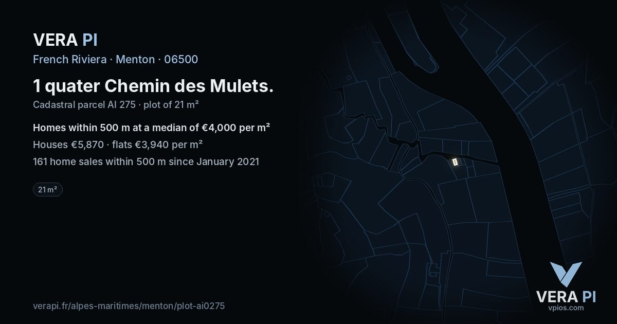 1 quater Chemin des Mulets, Menton at night – the plot lit, the parcels around coloured by the prices near them
