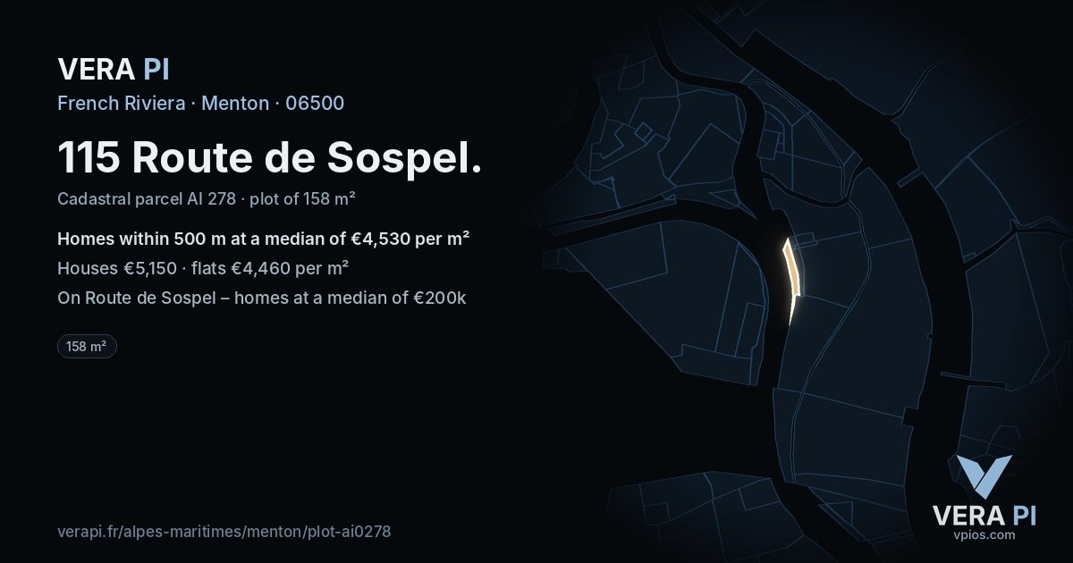 115 Route de Sospel, Menton at night – the plot lit, the parcels around coloured by the prices near them