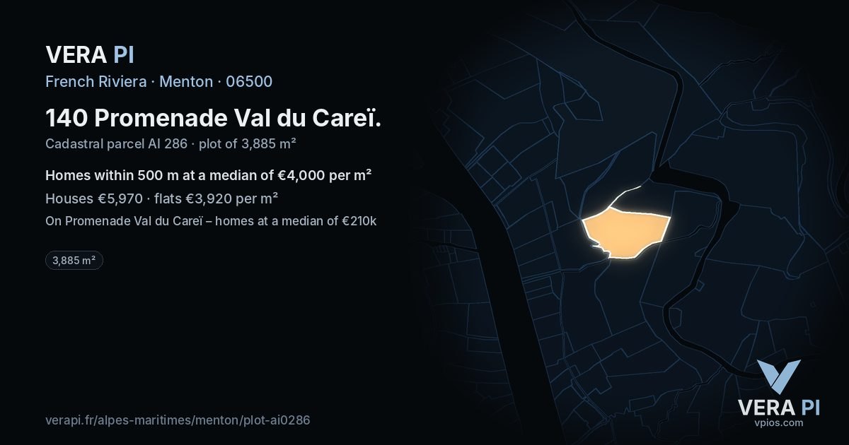 140 Promenade Val du Careï, Menton at night – the plot lit, the parcels around coloured by the prices near them