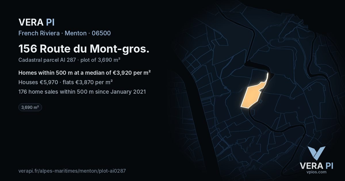 156 Route du Mont-gros, Menton at night – the plot lit, the parcels around coloured by the prices near them