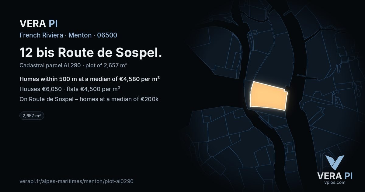 12 bis Route de Sospel, Menton at night – the plot lit, the parcels around coloured by the prices near them