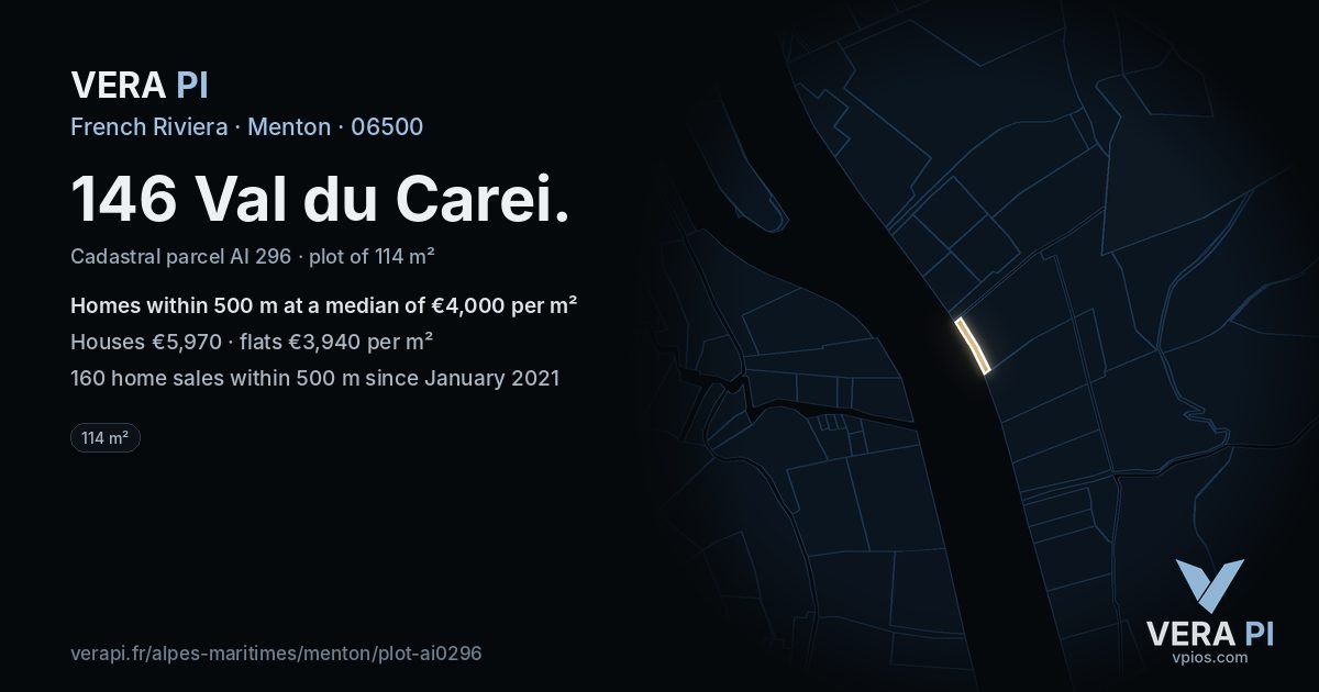 146 Val du Carei, Menton at night – the plot lit, the parcels around coloured by the prices near them