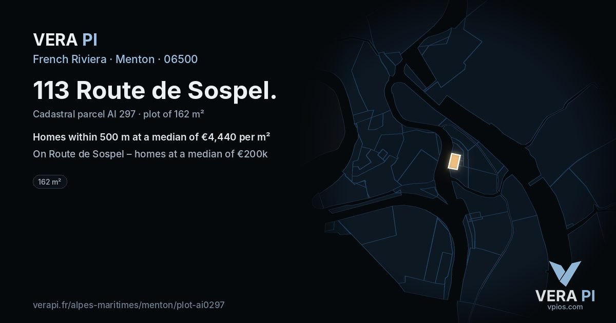 113 Route de Sospel, Menton at night – the plot lit, the parcels around coloured by the prices near them