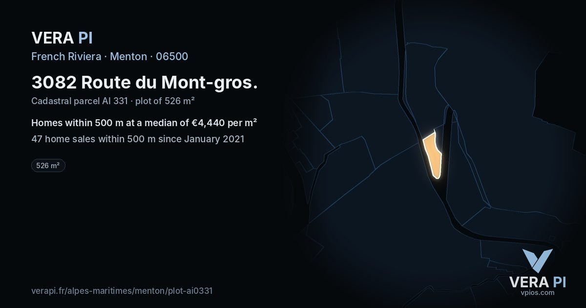 3082 Route du Mont-gros, Menton at night – the plot lit, the parcels around coloured by the prices near them