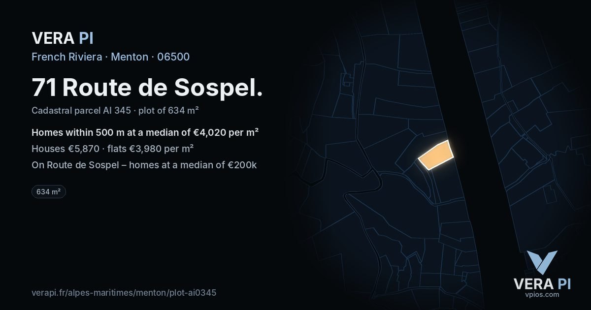 71 Route de Sospel, Menton at night – the plot lit, the parcels around coloured by the prices near them