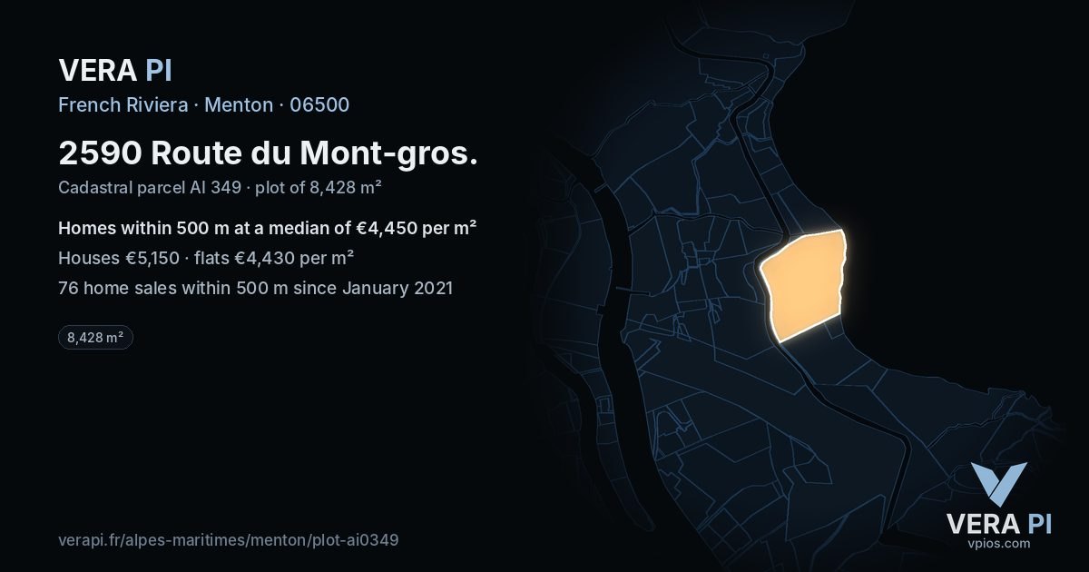 2590 Route du Mont-gros, Menton at night – the plot lit, the parcels around coloured by the prices near them