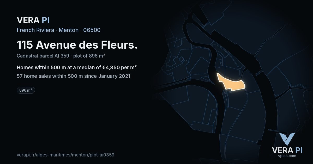 115 Avenue des Fleurs, Menton at night – the plot lit, the parcels around coloured by the prices near them