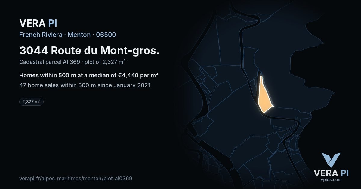 3044 Route du Mont-gros, Menton at night – the plot lit, the parcels around coloured by the prices near them