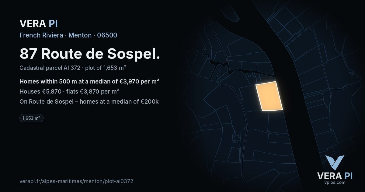 87 Route de Sospel, Menton at night – the plot lit, the parcels around coloured by the prices near them