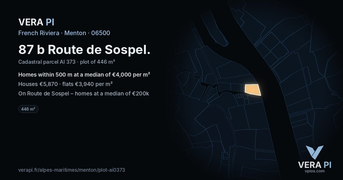 87 b Route de Sospel, Menton at night – the plot lit, the parcels around coloured by the prices near them