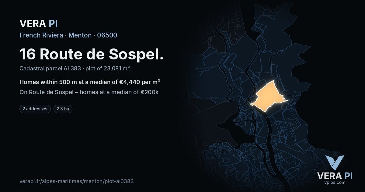 16 Route de Sospel, Menton at night – the plot lit, the parcels around coloured by the prices near them