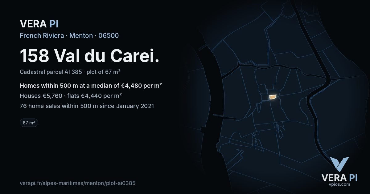 158 Val du Carei, Menton at night – the plot lit, the parcels around coloured by the prices near them