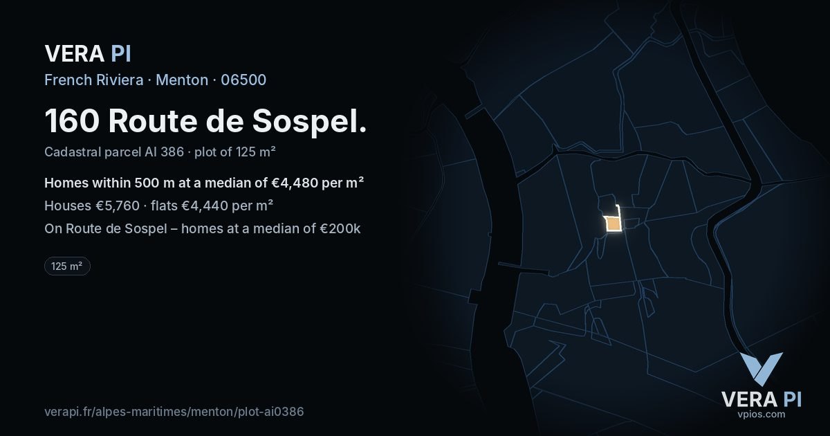 160 Route de Sospel, Menton at night – the plot lit, the parcels around coloured by the prices near them