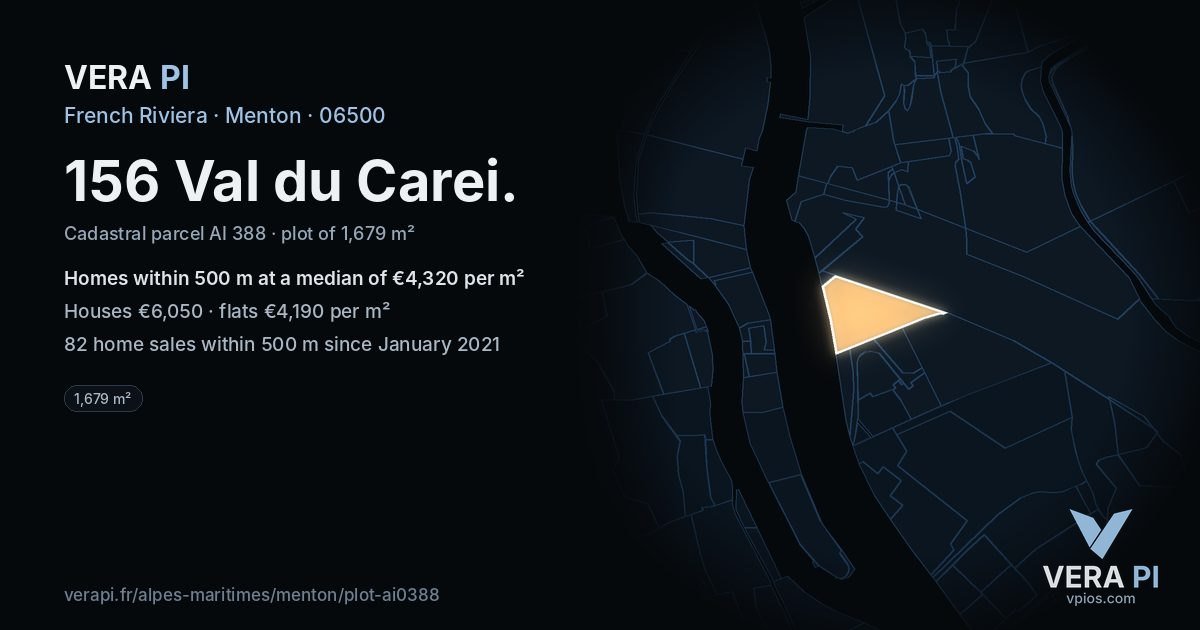 156 Val du Carei, Menton at night – the plot lit, the parcels around coloured by the prices near them