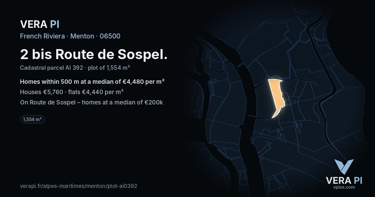 2 bis Route de Sospel, Menton at night – the plot lit, the parcels around coloured by the prices near them