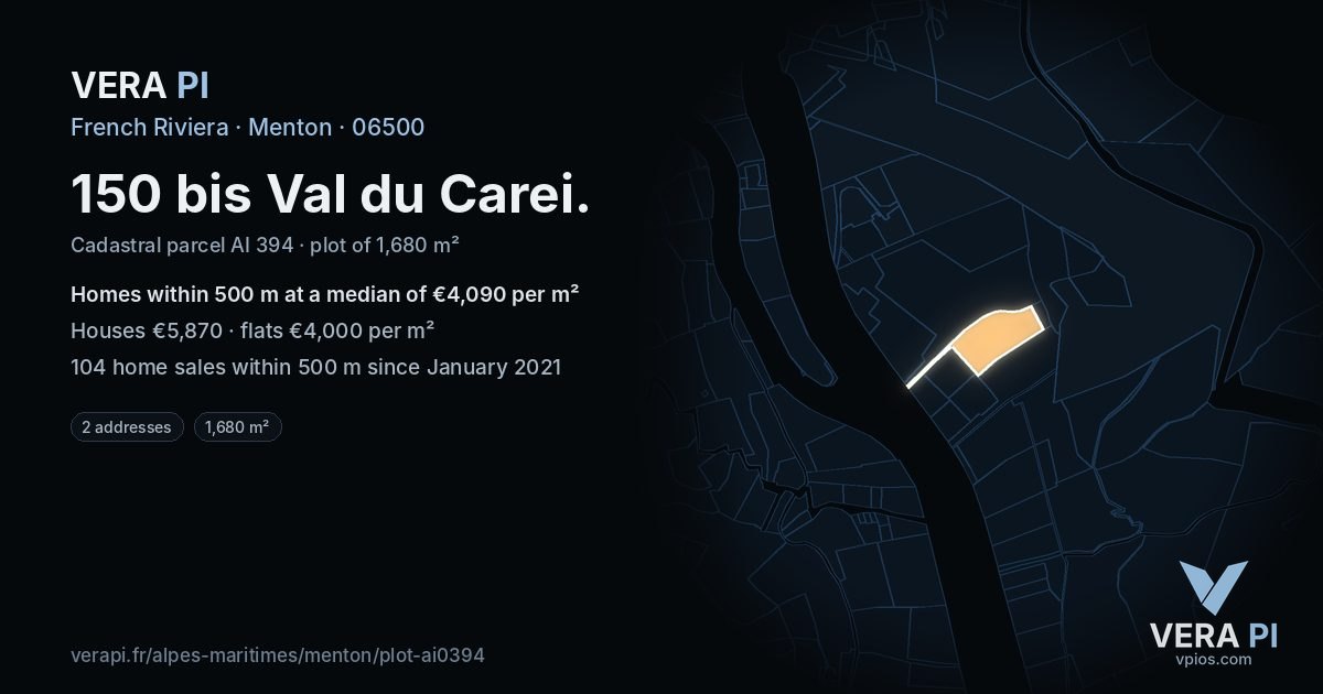 150 bis Val du Carei, Menton at night – the plot lit, the parcels around coloured by the prices near them
