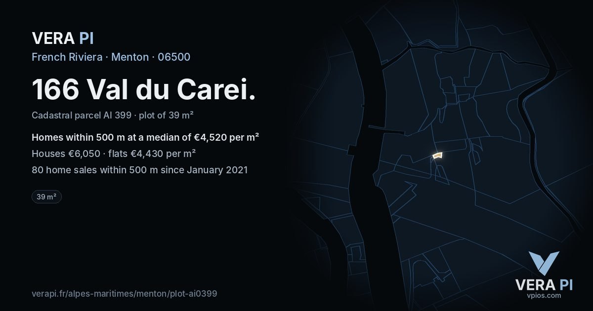 166 Val du Carei, Menton at night – the plot lit, the parcels around coloured by the prices near them