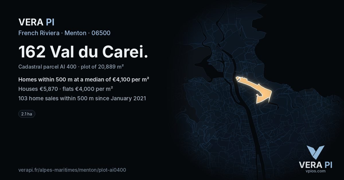 162 Val du Carei, Menton at night – the plot lit, the parcels around coloured by the prices near them