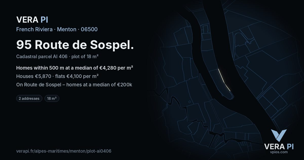 95 Route de Sospel, Menton at night – the plot lit, the parcels around coloured by the prices near them