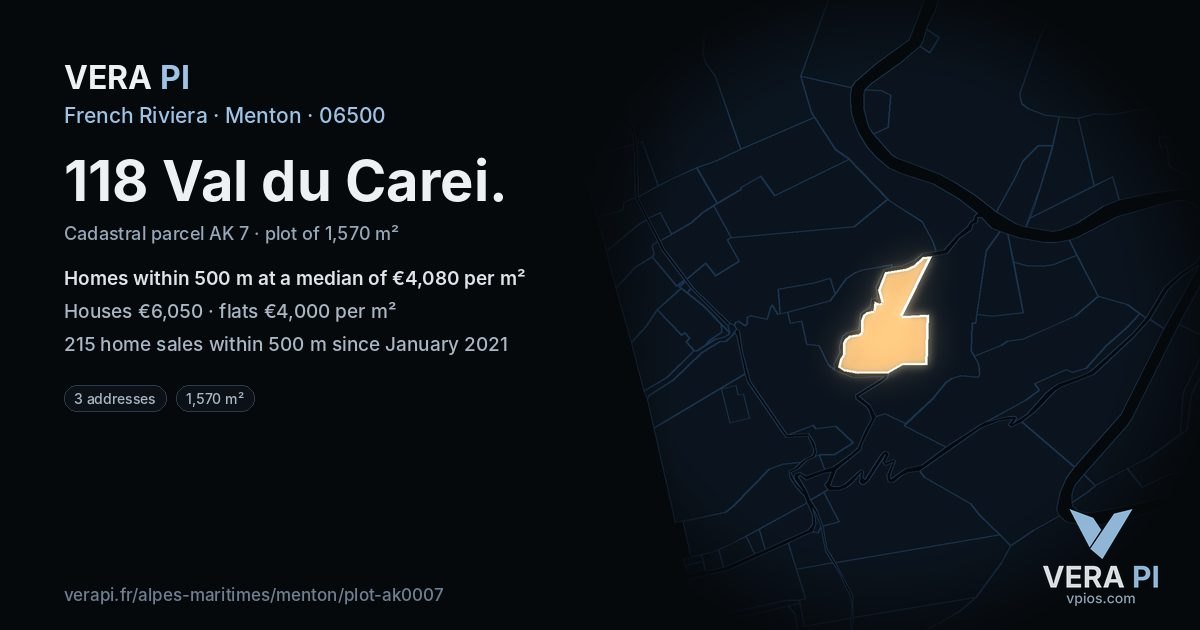 118 Val du Carei, Menton at night – the plot lit, the parcels around coloured by the prices near them