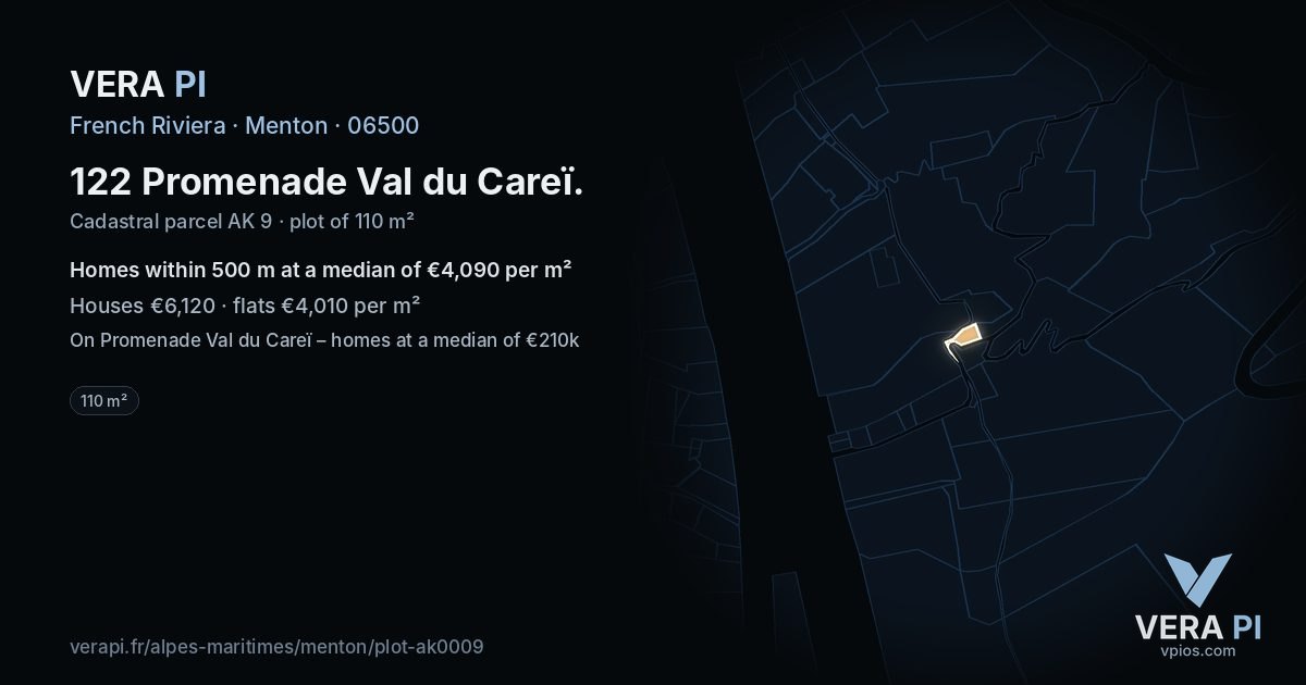 122 Promenade Val du Careï, Menton at night – the plot lit, the parcels around coloured by the prices near them