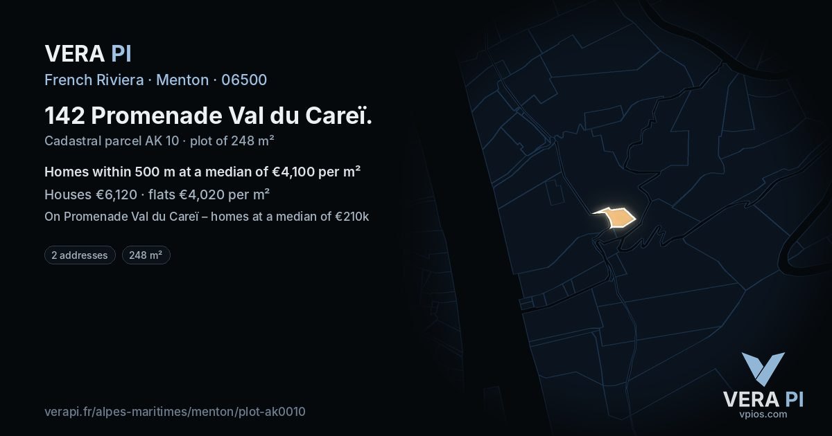 142 Promenade Val du Careï, Menton at night – the plot lit, the parcels around coloured by the prices near them