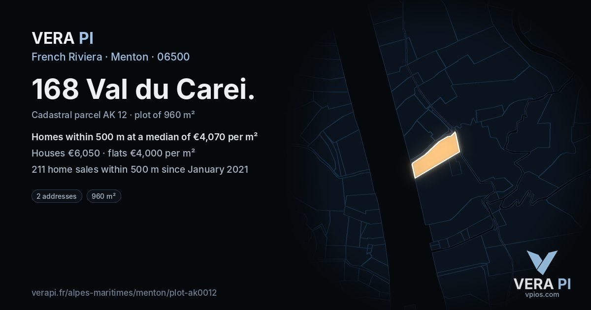 168 Val du Carei, Menton at night – the plot lit, the parcels around coloured by the prices near them