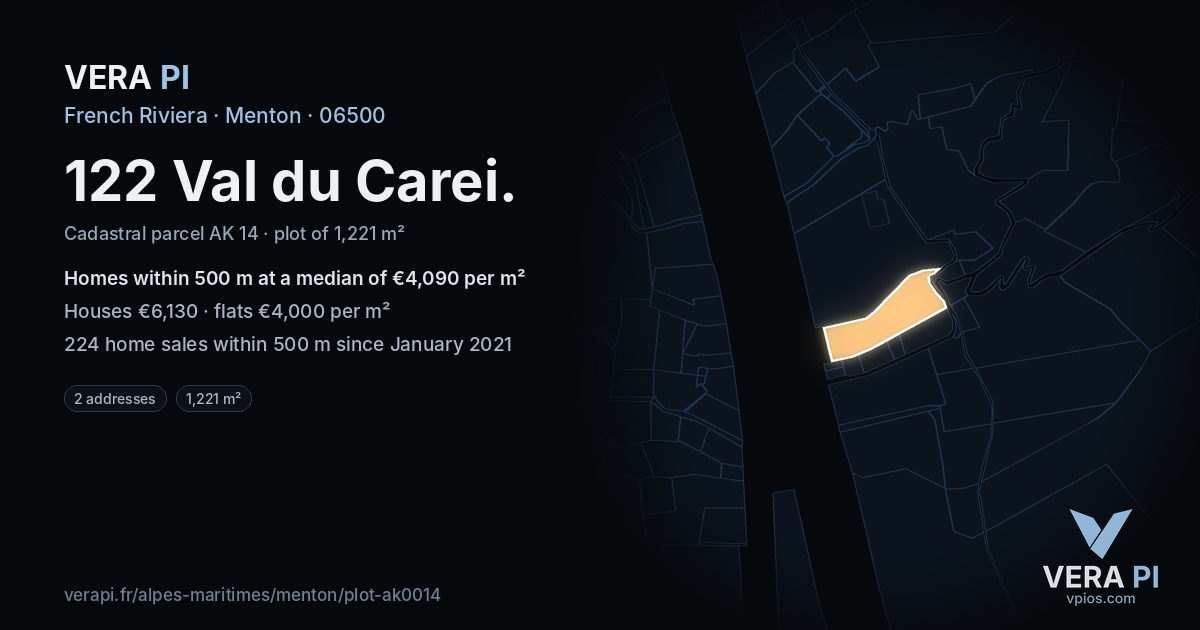 122 Val du Carei, Menton at night – the plot lit, the parcels around coloured by the prices near them