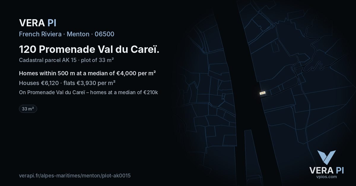 120 Promenade Val du Careï, Menton at night – the plot lit, the parcels around coloured by the prices near them