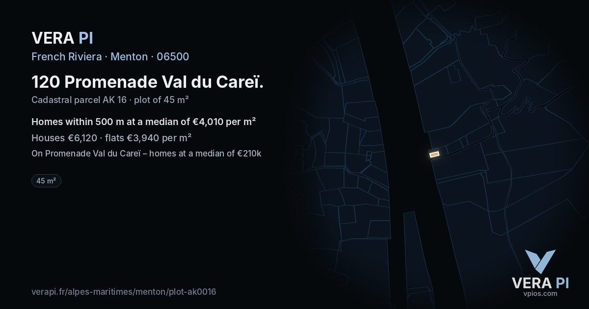 120 Promenade Val du Careï, Menton at night – the plot lit, the parcels around coloured by the prices near them