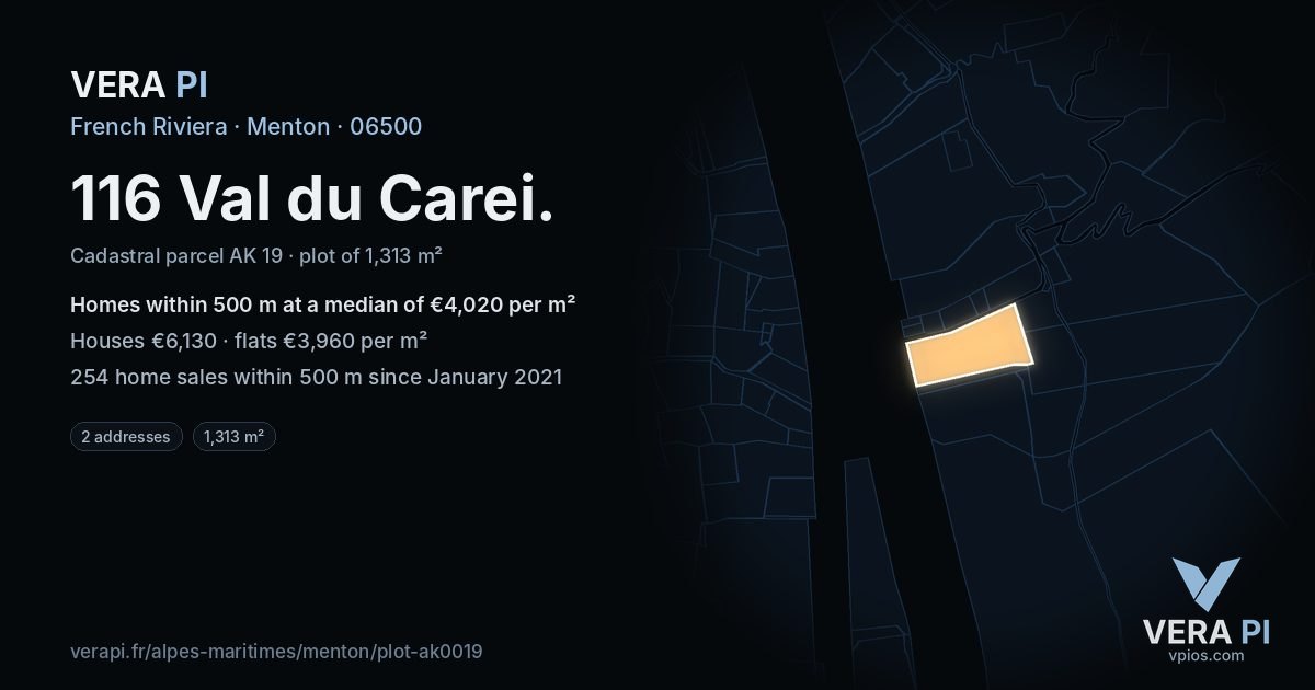 116 Val du Carei, Menton at night – the plot lit, the parcels around coloured by the prices near them