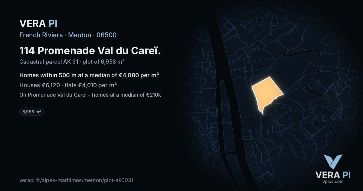 114 Promenade Val du Careï, Menton at night – the plot lit, the parcels around coloured by the prices near them
