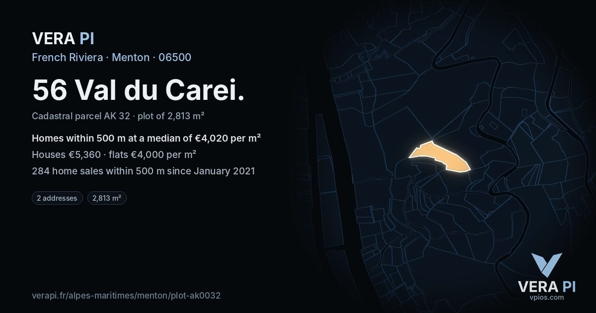 56 Val du Carei, Menton at night – the plot lit, the parcels around coloured by the prices near them
