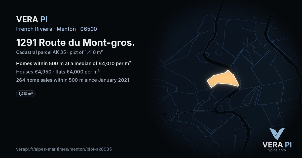 1291 Route du Mont-gros, Menton at night – the plot lit, the parcels around coloured by the prices near them