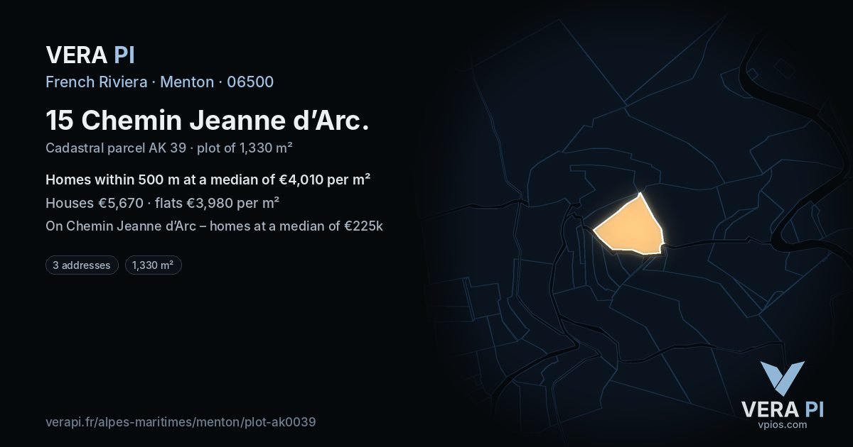 15 Chemin Jeanne d’Arc, Menton at night – the plot lit, the parcels around coloured by the prices near them