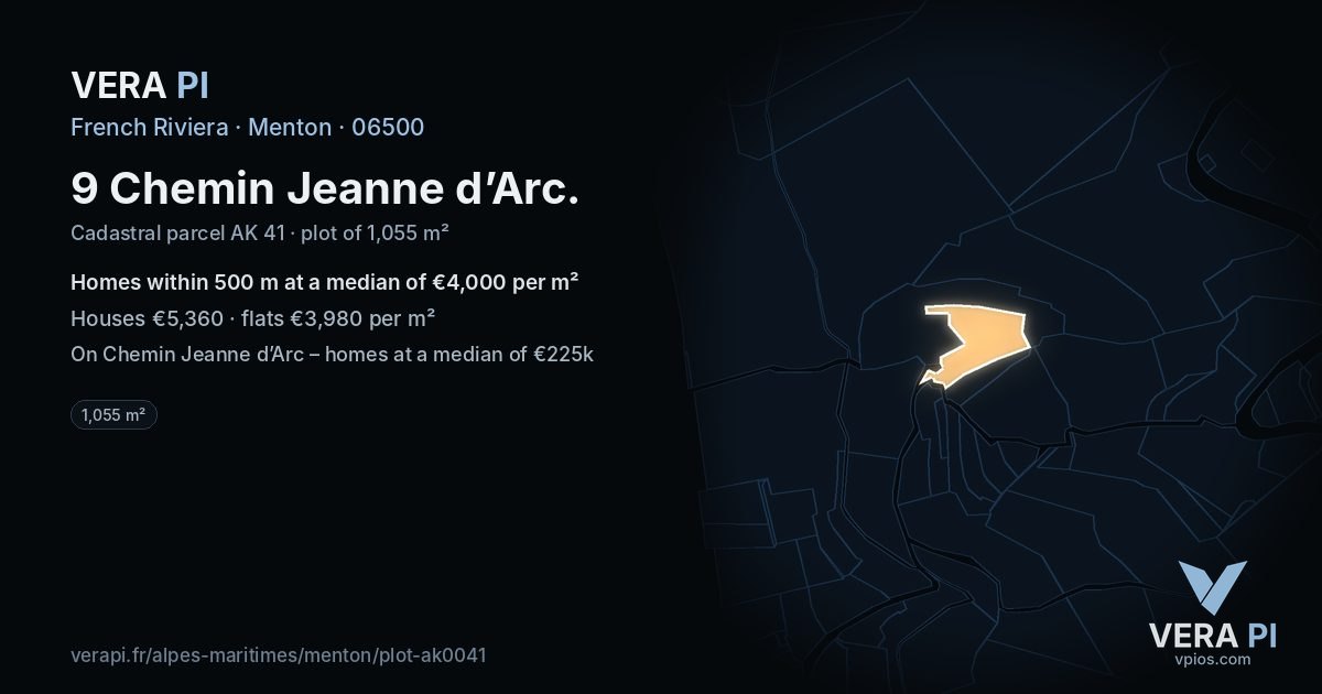 9 Chemin Jeanne d’Arc, Menton at night – the plot lit, the parcels around coloured by the prices near them