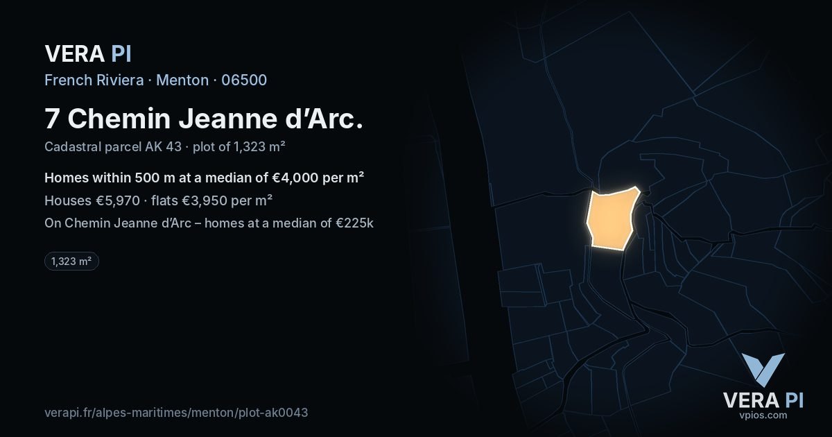 7 Chemin Jeanne d’Arc, Menton at night – the plot lit, the parcels around coloured by the prices near them
