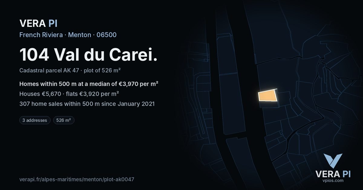 104 Val du Carei, Menton at night – the plot lit, the parcels around coloured by the prices near them