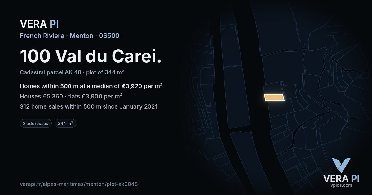 100 Val du Carei, Menton at night – the plot lit, the parcels around coloured by the prices near them