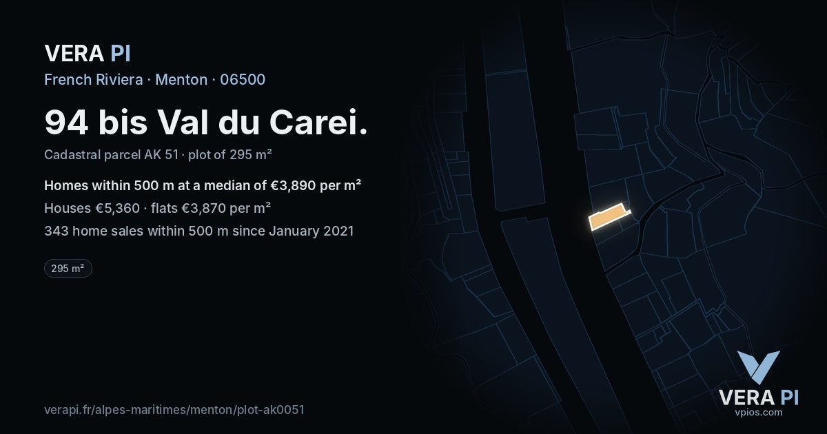 94 bis Val du Carei, Menton at night – the plot lit, the parcels around coloured by the prices near them