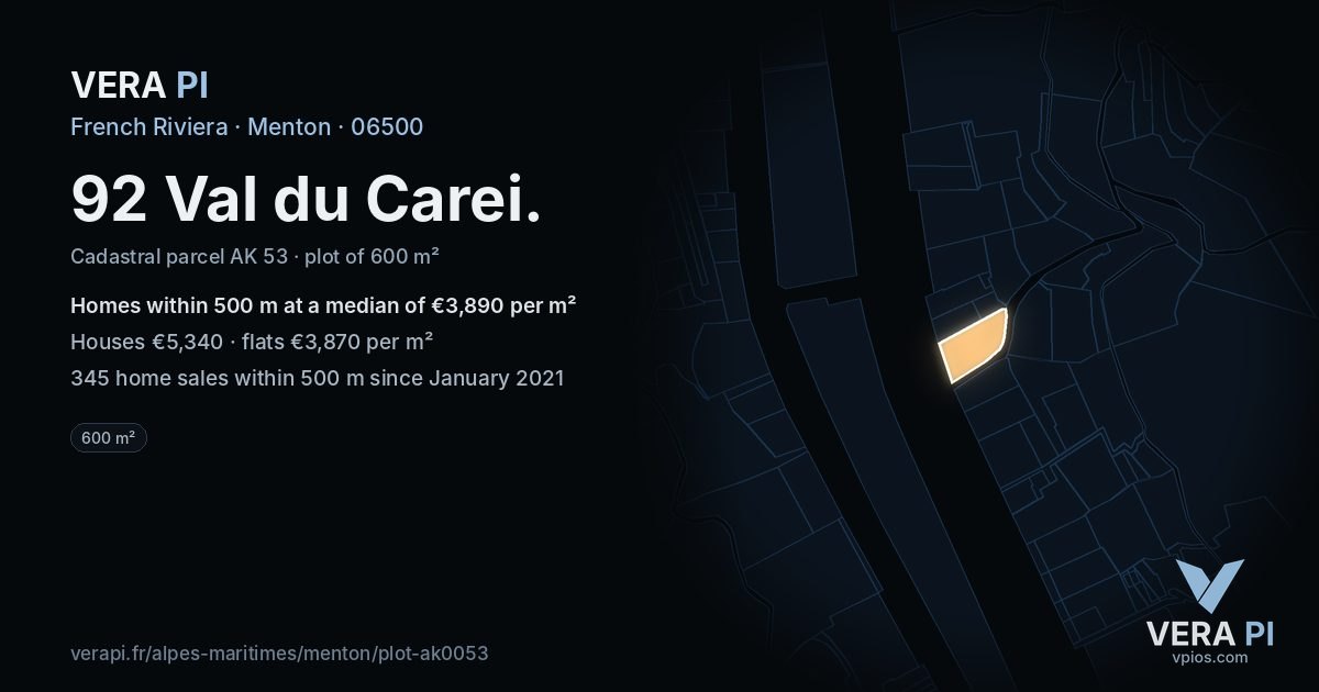 92 Val du Carei, Menton at night – the plot lit, the parcels around coloured by the prices near them