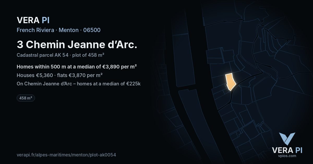 3 Chemin Jeanne d’Arc, Menton at night – the plot lit, the parcels around coloured by the prices near them