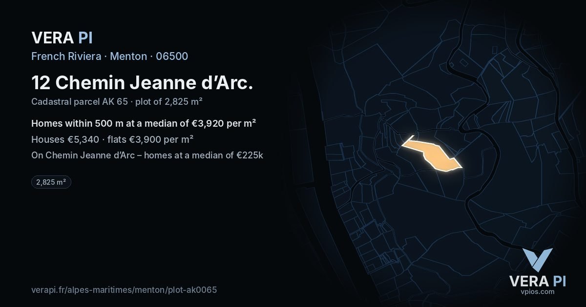 12 Chemin Jeanne d’Arc, Menton at night – the plot lit, the parcels around coloured by the prices near them