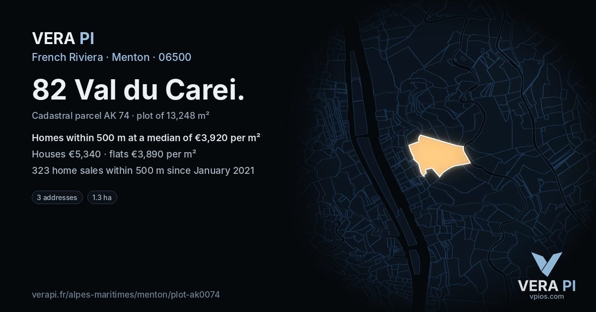 82 Val du Carei, Menton at night – the plot lit, the parcels around coloured by the prices near them